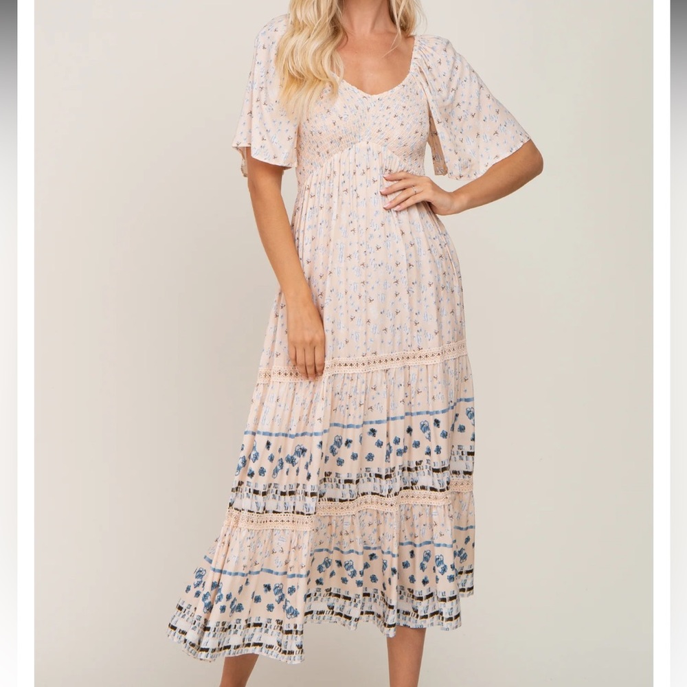 Light Pink Printed Smocked Midi Dress